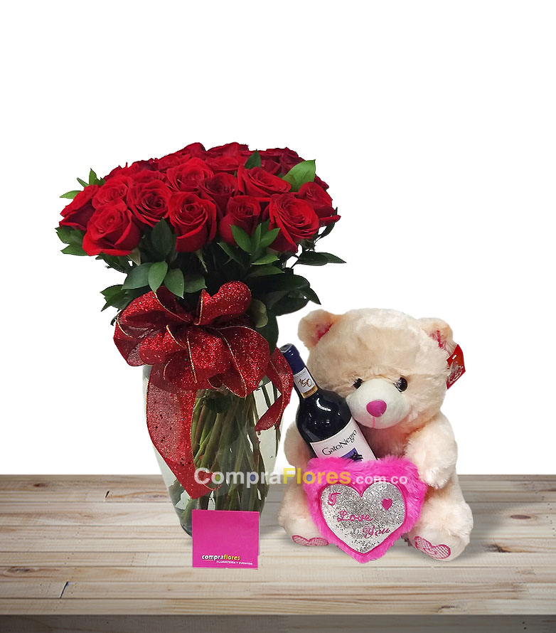 Jarron con Rosas y Peluche