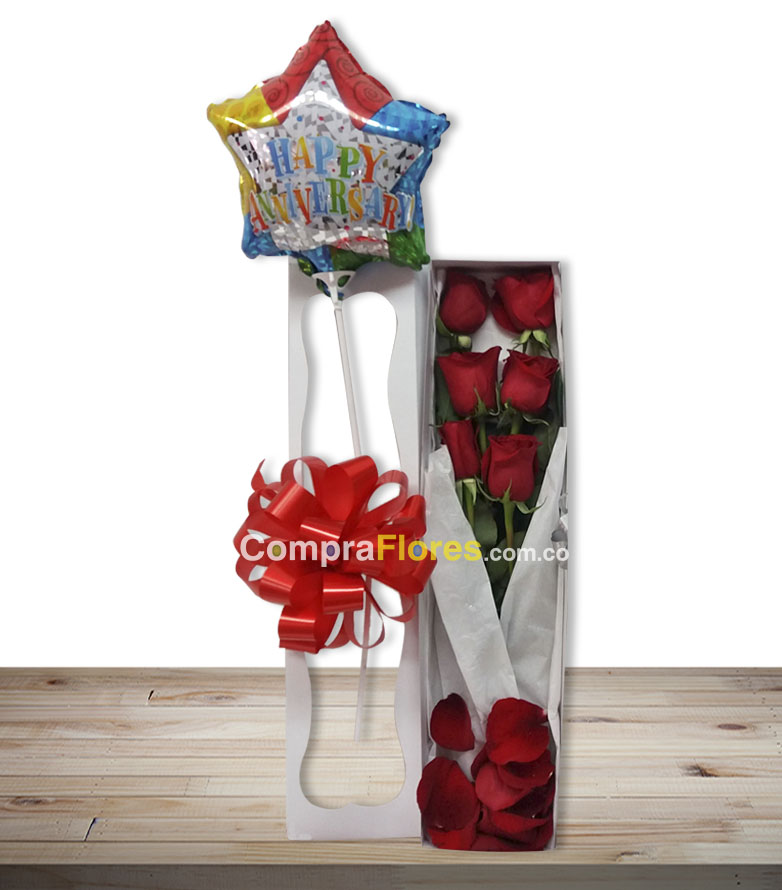 Amor por ti caja de x 6 rosas y globo metalizado