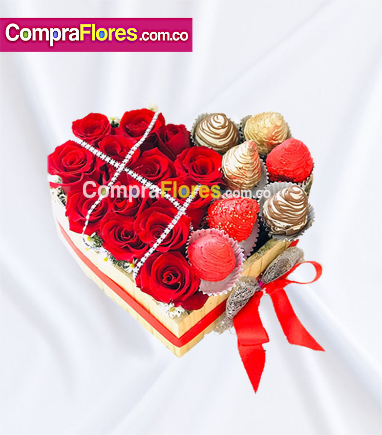 Corazon de Rosas y Fresas con Chocolate, flores para cali
